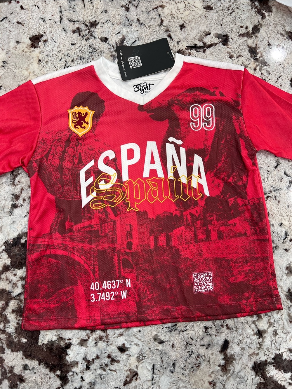 Eighty Eight Red España Kids Soccer Jersey with Gold Accents
